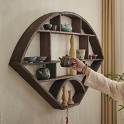 博古架壁挂式圆形茶具多格置物架，茶壶实木多宝阁古董，架展示架中式