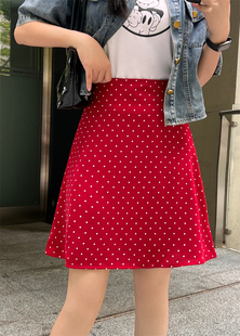 复古红色波点半身裙女夏季大码高腰包(高腰包)臀中裙显瘦a字伞裙遮胯短裙