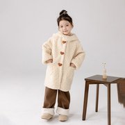 女童冬季长款羊羔绒连帽外套，儿童中大童韩版毛毛加绒加厚大衣