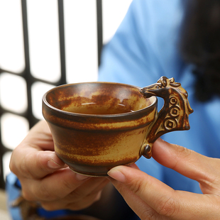 粗陶茶杯带把手主人杯单杯大号日式复古窑变陶瓷功夫茶具品茗杯子