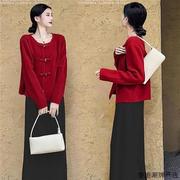 孕妇连衣裙春季时尚外出新中式国风红色大码长款裙子潮妈春装套装