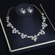 日韩时尚花朵珍珠项链耳环，套装锁骨链镶钻女气质百搭装饰链配饰