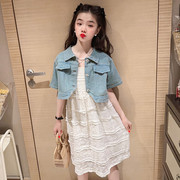 女童夏季短袖牛仔外套2023韩版高级感蕾丝，吊带连衣裙两件套潮