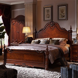 美式实木床奢华大床主卧双人床婚床欧式别墅复古家具雕花宫廷床