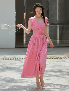 明快显白的玫粉色 提花棉布料 宽腰节 收腰显瘦的连衣裙