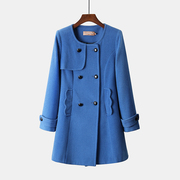 撤柜好货女装秋冬款蓝色圆领，双排扣中长款简约百搭羊毛呢子外套