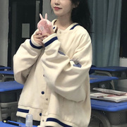韩版棒球服卫衣女加绒冬季潮，学生外套bf慵懒风绒衫外套女