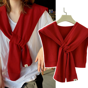 针织毛线小披肩女大红色，护颈椎交叉外搭肩，衬衫秋冬季空调房薄围巾