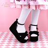 2019日系流行黑绒布，lolita鞋夏季圆头露趾丝带，花边公主凉鞋8023