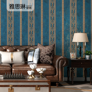 3d立体欧式竖条纹，墙纸无纺布复古美式卧室客厅，背景墙壁纸蓝色绿色