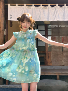 新中式立领孔雀蓝色小飞袖短款连衣裙夏季复古显瘦国风裙子女