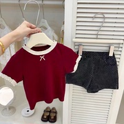 女童短袖T恤2025夏季新款韩版儿童宽松花边圆领上衣女宝宝套装潮
