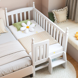 欧式婴儿床白色实榉木拼接床，加宽床大人，男孩女孩儿童床带护栏边床
