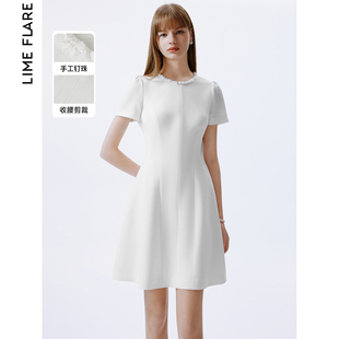 莱茵福莱尔白色小香风法式圆领收腰连衣裙2024夏季简约A字裙