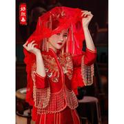 红盖头新娘红色头纱中式秀禾古风半透明蕾丝结婚红纱出嫁传统长托