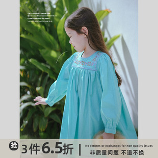 史豌豆(史豌豆)女童，孔雀蓝绣花衬衫裙2023秋季儿童宝宝甜美时髦连衣裙