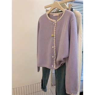小香风圆领紫色花边针织，开衫上衣女春秋季外穿设计感羊绒毛衣外套