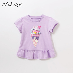 2024春夏女童t恤短袖冰淇淋，雪糕儿童宝宝纯棉洋气紫色上衣潮