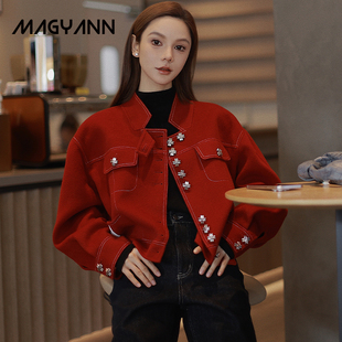 magyann设计师原创红色羊毛，短款纽扣小立领，口袋短大衣毛呢外套女
