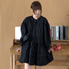 韩国chic冬季法式复古圆领，压褶感宽松休闲泡泡，袖小个子连衣裙短裙