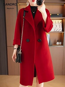 sandrohepburn大红色双面羊绒，大衣女长款纯羊毛，宽松毛呢外套