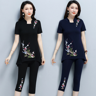 民族风女装夏装中国风中长款大码短袖t恤两件套+复古打底裤套装女