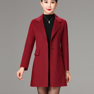 双面羊绒大衣女中长款西装领酒红色通勤气质修身矮个绵羊毛呢外套