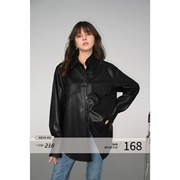 NEVA HU黑色PU皮长袖衬衫女设计感小众2023秋季韩版时尚宽松衬衣