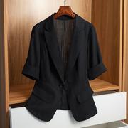 黑色棉麻短袖小西装外套女士2024春季小个子修身大码薄款上衣