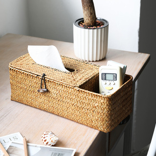 手工草编纸巾盒客厅餐厅家用抽纸盒多功能，分格两用茶几摇控收纳