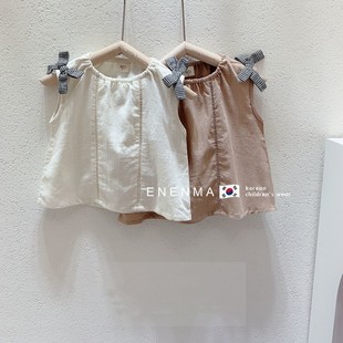 韩国童装女童2024夏季款，无袖衬衣儿童，宽松棉麻蝴蝶结简约气质衬衫