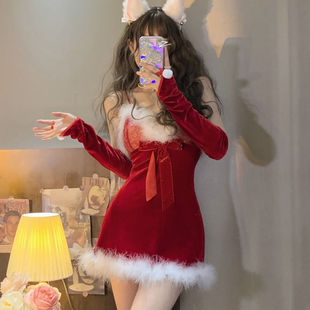 夜店辣妹红色内衣吊带连衣裙圣诞节兔女郎性感毛绒显瘦红色短裙女