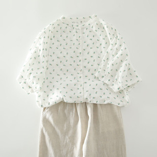 日系小清新绿色小花，印花双层纱中袖衬衫，甜美小碎花纯棉蝙蝠袖衬衣
