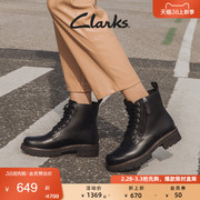 clarks其乐女鞋秋冬马丁靴厚底，增高中筒靴系带，拉链街头朋克时装靴