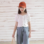 2020夏款韩版女童法式短袖，上衣白色纯色，简约休闲百搭花边t恤短款