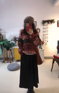 日系vintage酒红色北欧风手工编织雪花，款纯羊毛宽松套头毛衣