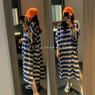 设计款韩国2024夏季新橙色(新橙色)蓝色，条纹大码宽松长款t恤式连衣裙