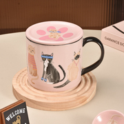 piaji粉色猫猫马克杯女生，可爱杯子带盖水杯办公室咖啡杯陶瓷杯