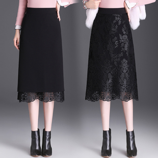 两面穿蕾丝半身裙女2023秋冬季中长款高腰，a字显瘦大码黑色包臀裙