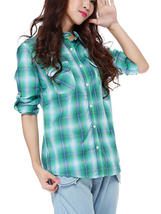 品牌撤柜纯棉女衬衫，少女装格子四季可穿衬衣，绿格翻领长袖