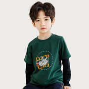 纯一良品男童长袖t恤春秋，儿童假两件小学生，拼接绿色上衣110-130码