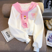 春季韩系甜美独特爱心2024宽松减龄披肩两件套白色卫衣女短款