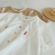 短袖女2022年日系小清新花朵刺绣蕾丝拼接白色，纯棉衬衫女上衣