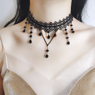 性感黑色蕾丝宽颈链项链韩国时尚百搭脖子人造水晶吊坠项圈颈带女