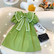 女童学院风绿色连衣裙夏季韩版儿童，清新可爱公主裙洋气蝴蝶结裙子