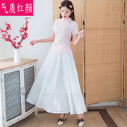 中式唐装套装女夏装棉麻茶服民国风汉服女改良短袖旗袍上衣两件套