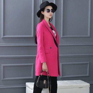 茠色韩版春季显瘦粉红色女装外套中长款时尚羊绒西服