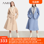 amii2024冬双面翻驳领插肩袖羊毛，双面呢女配腰带上衣半裙套装