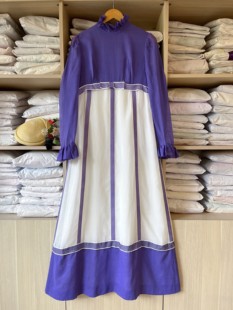 1970susa制棉纱材质长裙高腰线(高腰线)蝴蝶结紫色格纹缎带装饰拼接