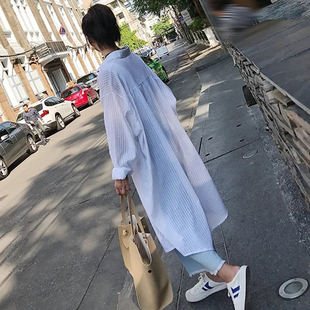 超长开衫女春夏季韩版bf潮中长款白色防晒衣，宽松衬衫薄外套防晒衫